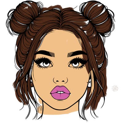 realistic girl with two buns on her hair and lips