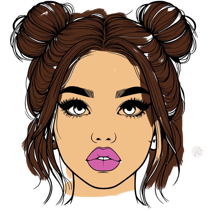 realistic girl with two buns on her hair and lips