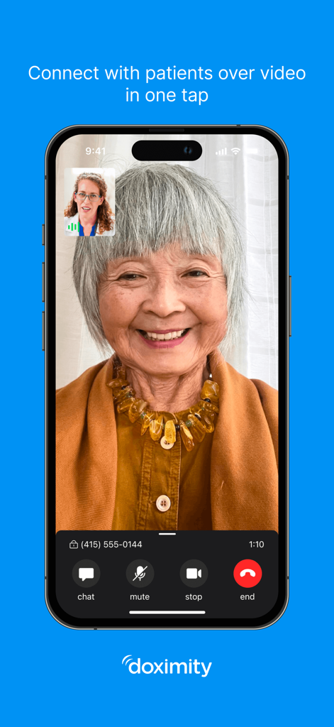 Un professionnel de la santé effectuant un appel vidéo sécurisé avec un patient sur l'application Doximity.