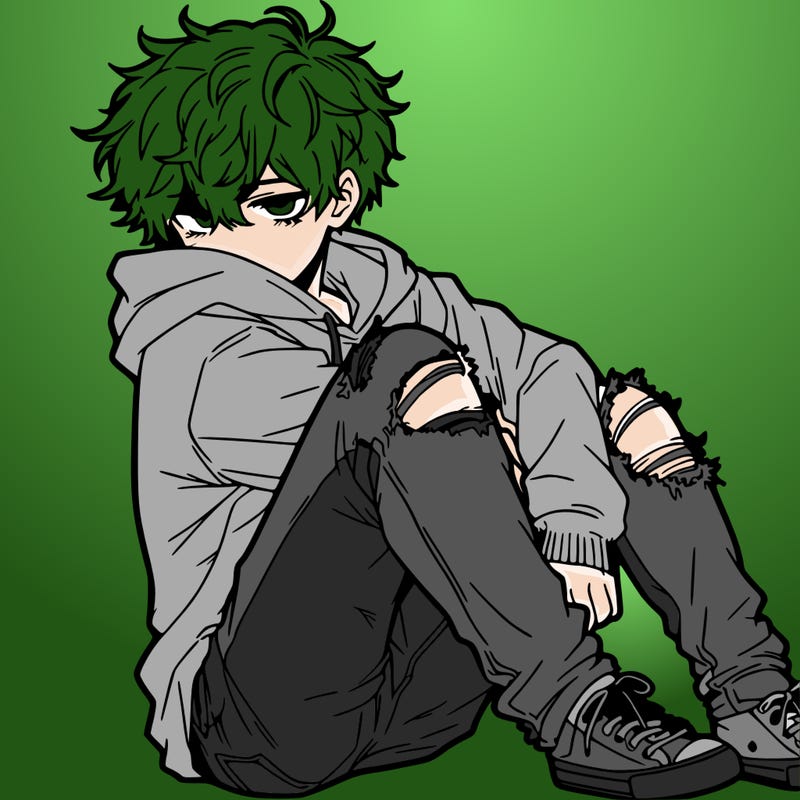 a male hoddie ripped jeans messy hair anime
