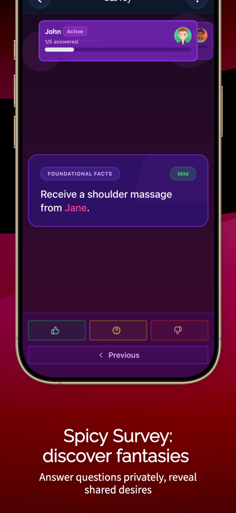 Foreplay: Couples Games - A screenshot of the Spicy Survey feature in the Foreplay app showing an intimacy question for couples.