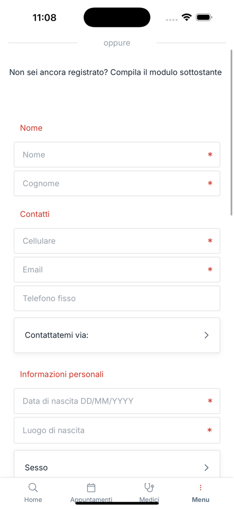 Coram - Écran d'inscription de l'application médicale Coram montrant les champs pour les informations personnelles et de contact