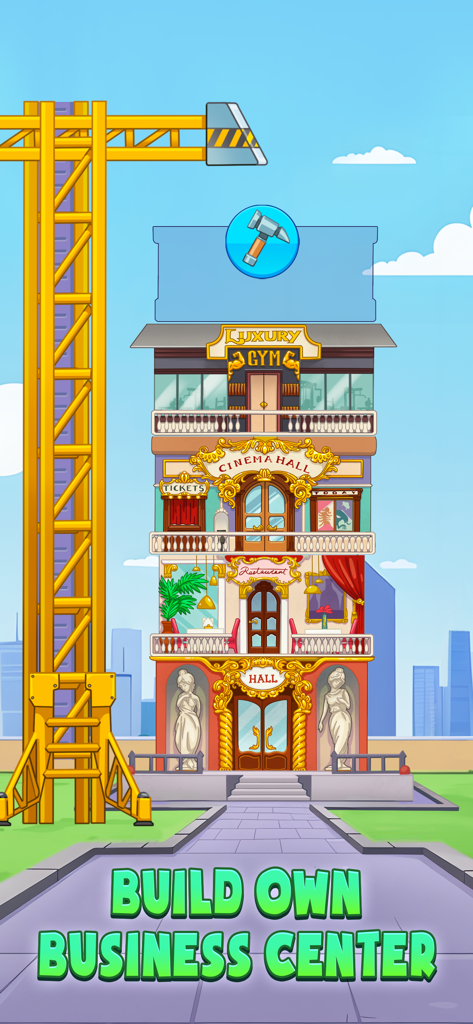 Un rascacielos de dibujos animados en construcción con una grúa que presenta pisos de gimnasio, cine y restaurante en el juego Money Empire.