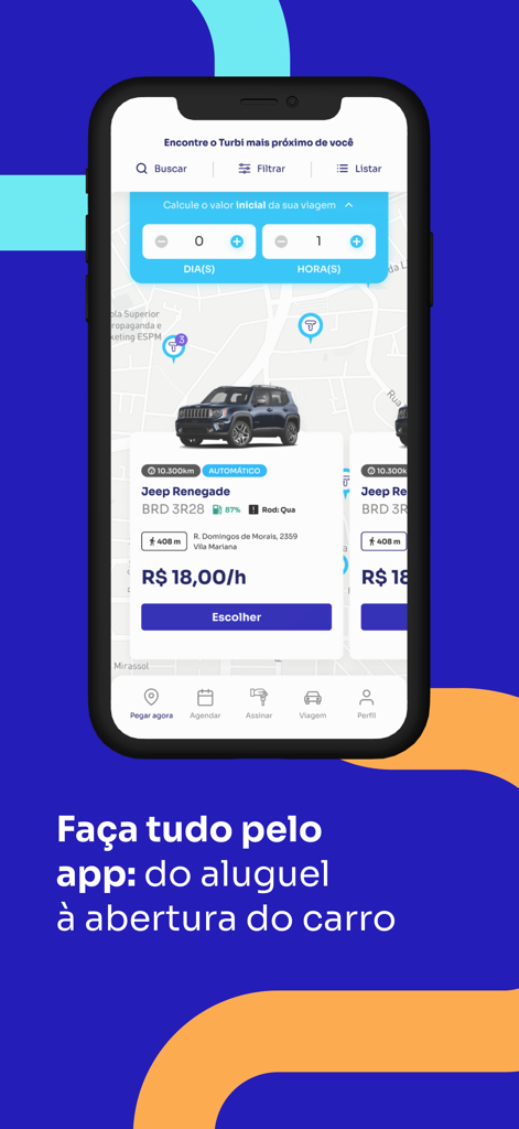 Turbi - Aluguel de Carros 24h - A smartphone displaying the Turbi car rental app with a map and a Jeep Renegade available for rent