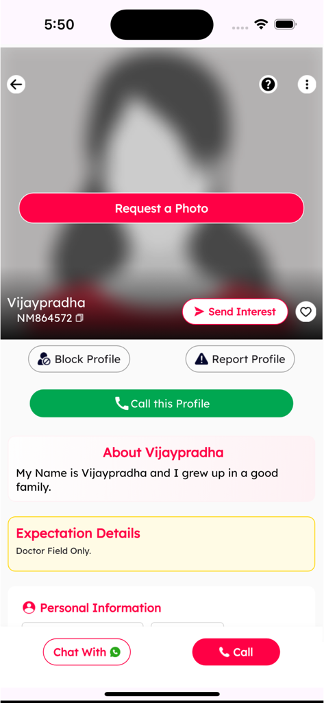 Nithra Matrimony for Tamil - A detailed user profile view on the Nithra Matrimony for Tamil app showing personal information and contact options.