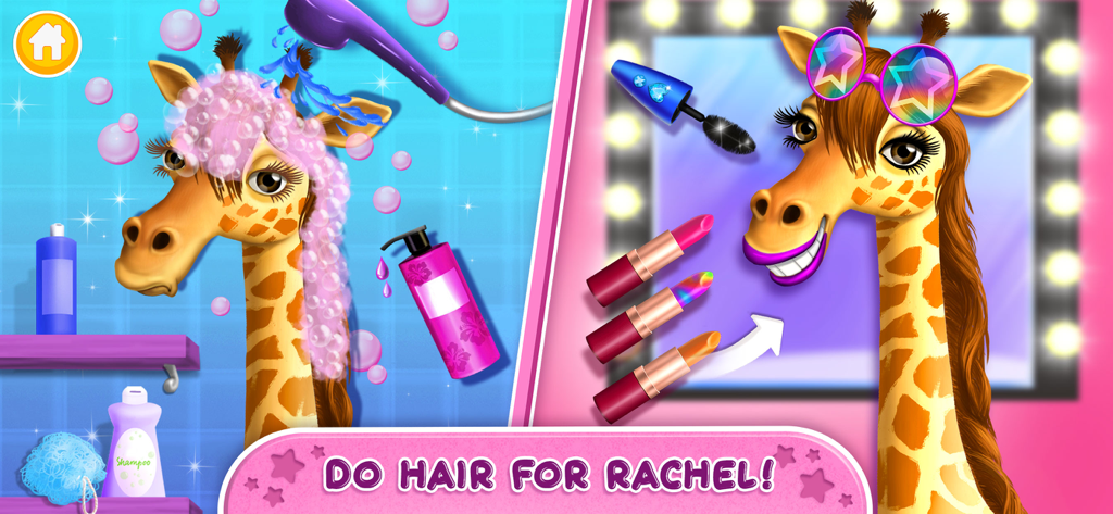 A split screen showing Rachel the giraffe getting a soapy hair wash and a glamorous rock star makeup makeover