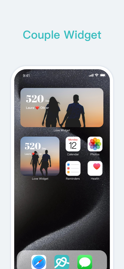 iPhone home screen displaying personalized couple widgets with relationship day counts and couple photos