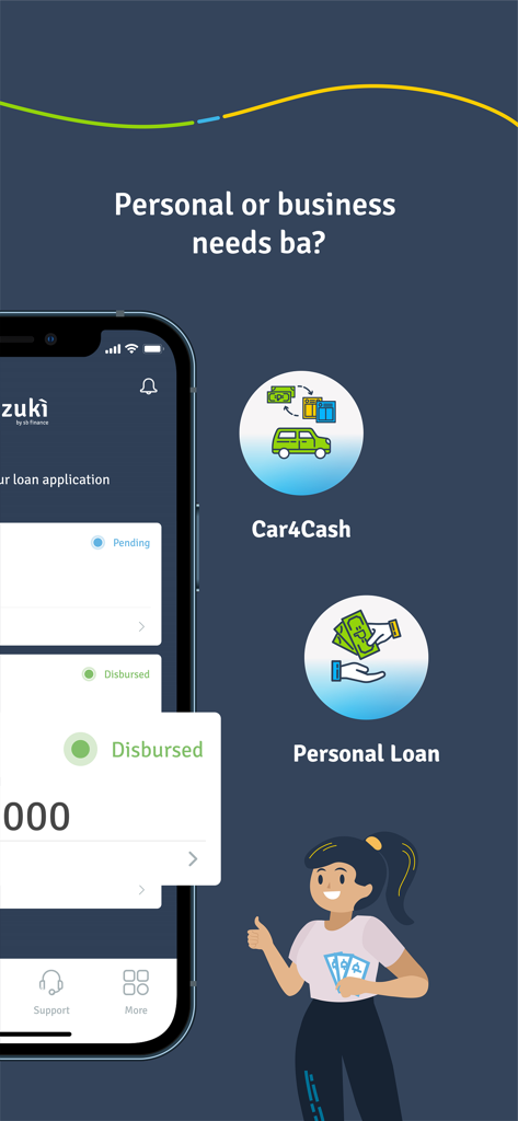 zukì – Loan app by SB Finance - zukì mobile app dashboard displaying Car4Cash and Personal Loan options for Filipino users.
