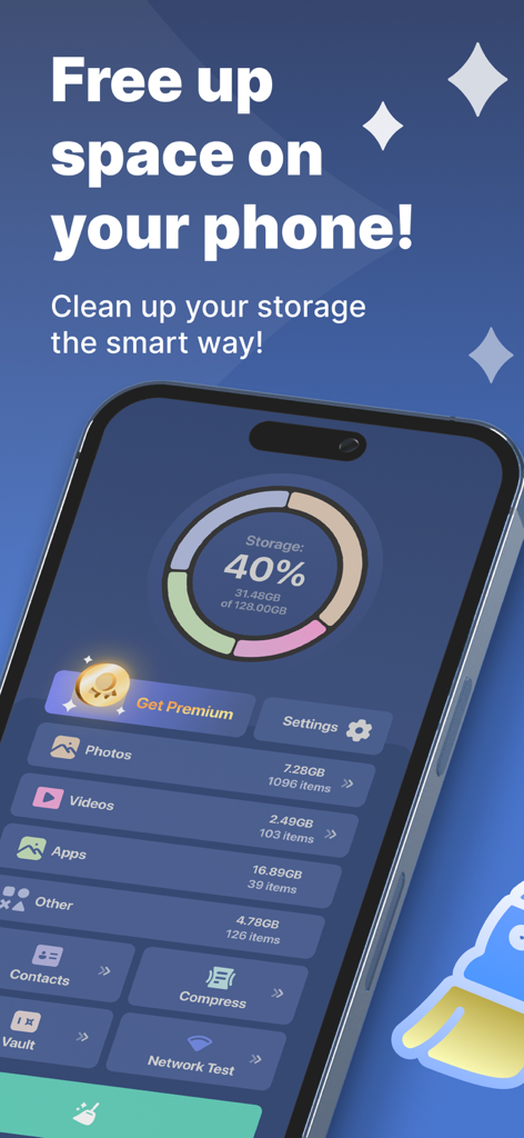 Super Smart Cleaner - Super Smart Cleaner app dashboard showing phone storage usage and cleaning tools