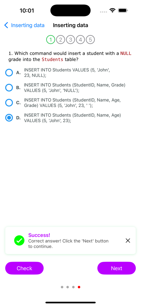 An interactive SQL quiz screen showing a successful answer notification for a question about inserting data.