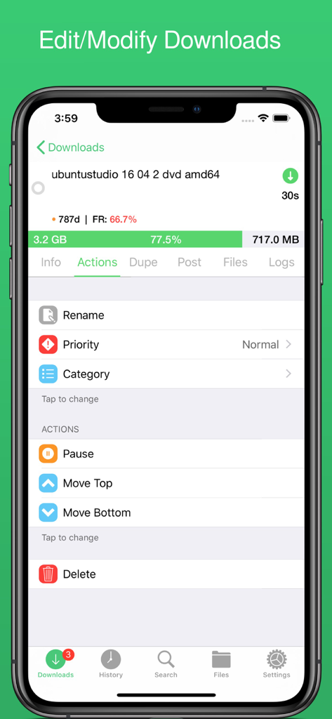 NZBClient mobile app interface showing the actions menu for managing an active NZBGet download including rename and priority options.