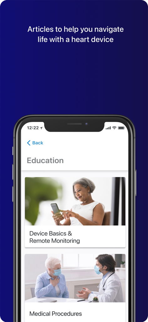 MyCareLink Heart™ - Educational articles screen in the MyCareLink Heart app featuring device basics and medical procedures for patients.
