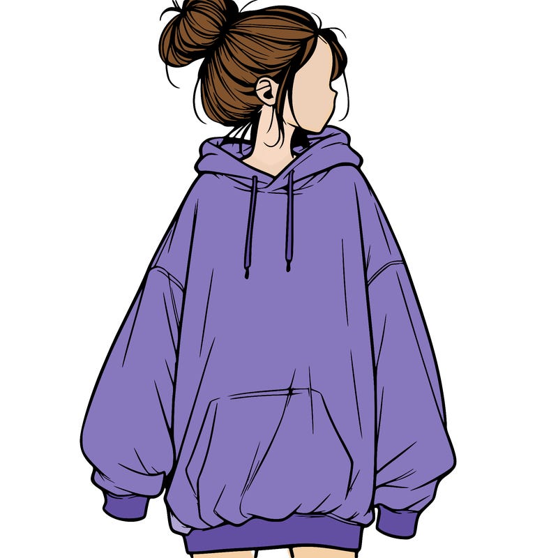 realistic girl with a oversized sweatshirt on and a bun