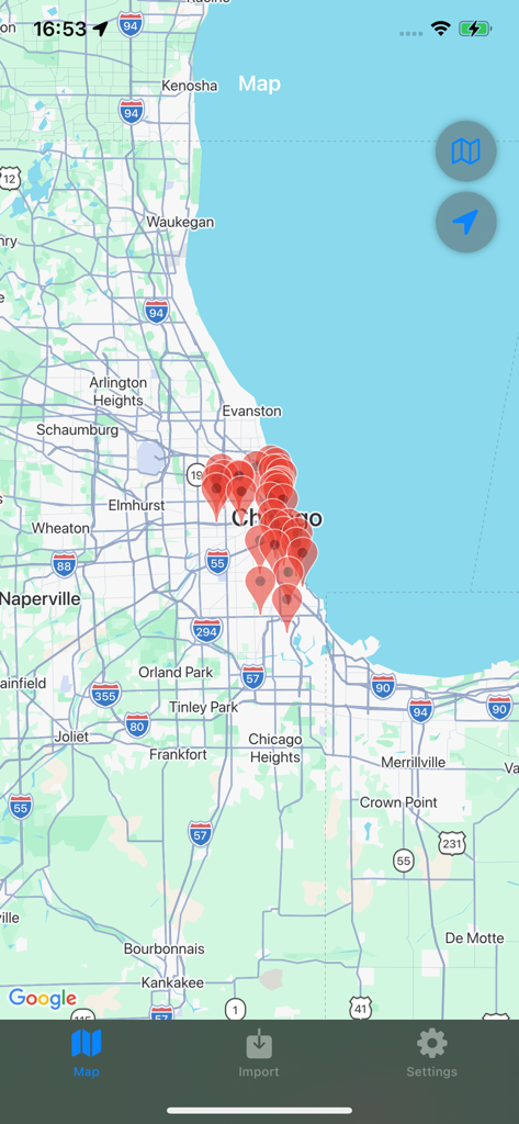 KMZ, MBTiles Viewer - Interface do aplicativo móvel mostrando um mapa de Chicago com vários pinos de localização vermelhos