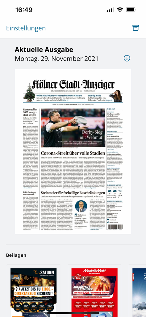 Digital edition of the Kölner Stadt Anzeiger newspaper showing the front page and supplements