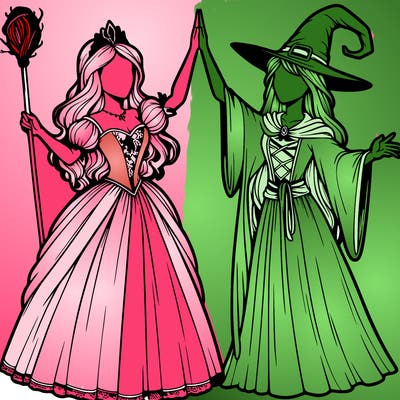 detailed realistic split of a princess and a witch
