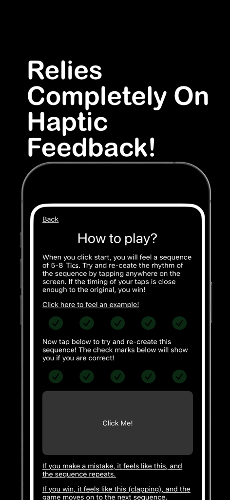 Tic! - Tela do aplicativo Tic mostrando tutorial sobre como jogar usando feedback háptico e correspondência de ritmo.