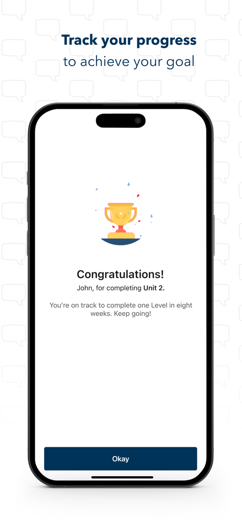Achievement screen in the Wall Street English app showing a trophy for completing a lesson unit