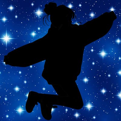 realistic girl jumping with a bun and oversized sweatshirt
