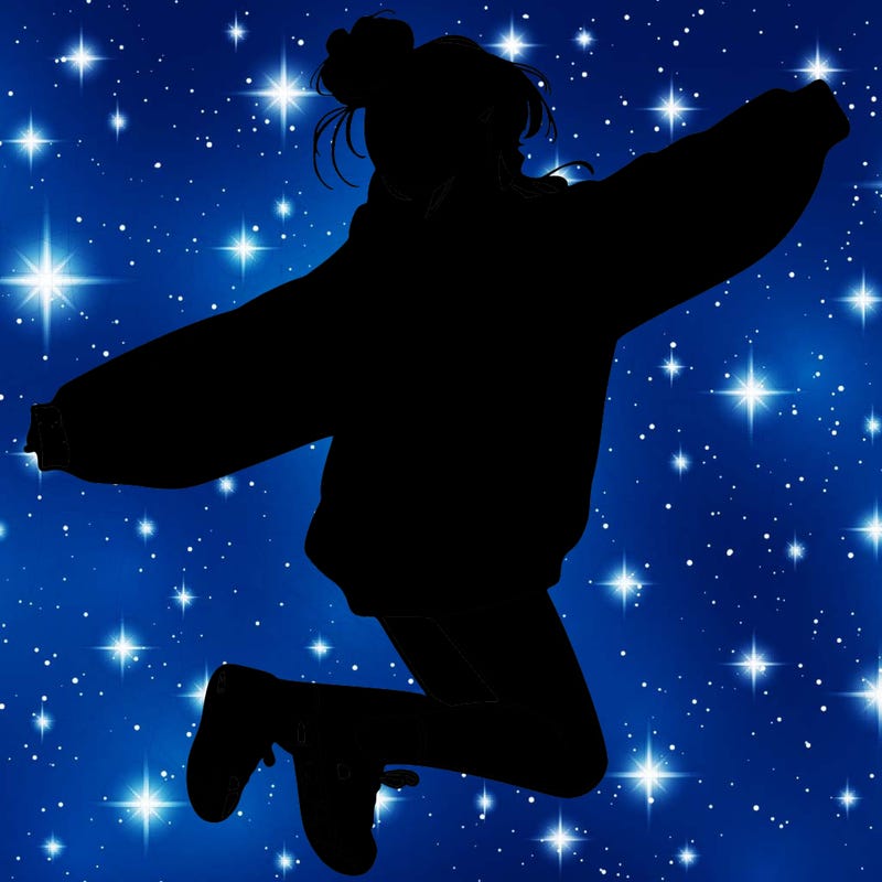 realistic girl jumping with a bun and oversized sweatshirt