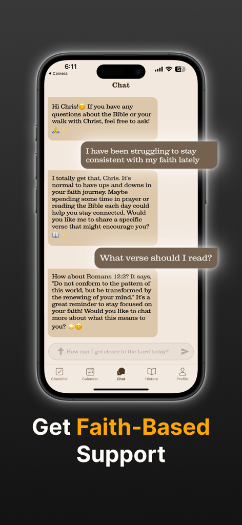 A screenshot of the Heavenly app showing an AI faith companion chat interface offering spiritual support and Bible verse suggestions