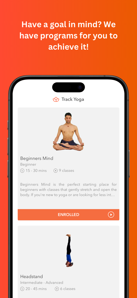 Track Yoga – A Simple Yoga App - Interfaz de la aplicación Track Yoga que muestra una lista de programas de yoga estructurados para niveles principiantes y avanzados.