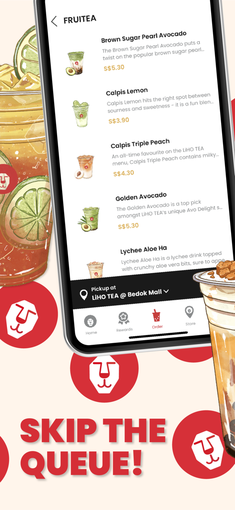 LiHO TEA SG - LiHO TEA mobile app interface showing a menu of fruit tea drinks and a skip the queue call to action