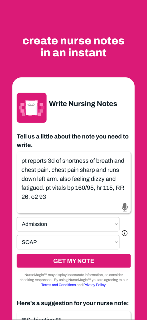 NurseMagic - NurseMagic app interface showing the Write Nursing Notes feature for generating SOAP notes