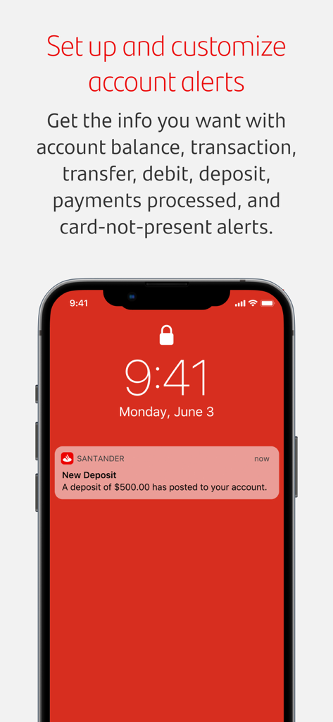 Santander Bank US - Pantalla de bloqueo del iPhone que muestra una notificación push de Santander Bank por un nuevo depósito de 500 dólares.