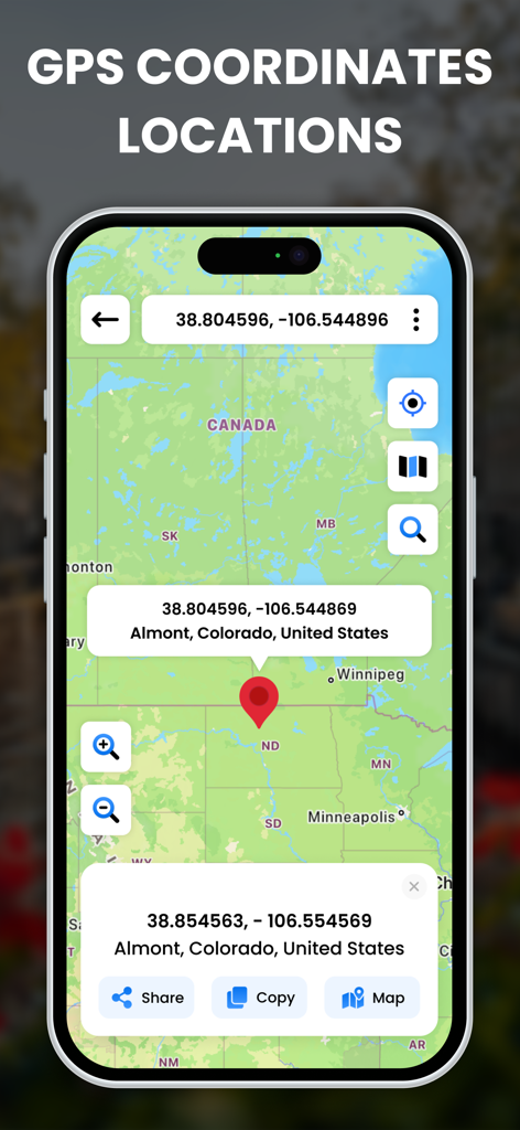 Interface do aplicativo GPS Map Coordinates Locations mostrando um local fixado com dados de latitude e longitude em um mapa.