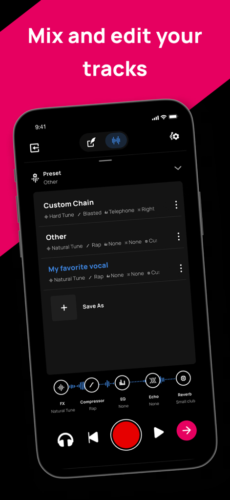 Smartphone display of the Voloco app showing vocal mixing tools and audio effect presets