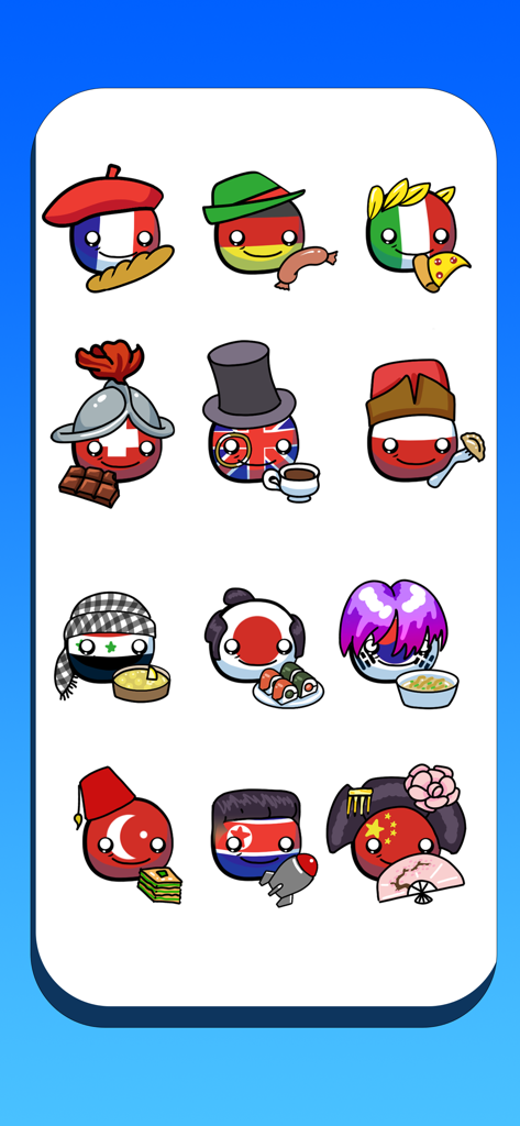 A variety of countryball characters with unique national accessories and flag designs