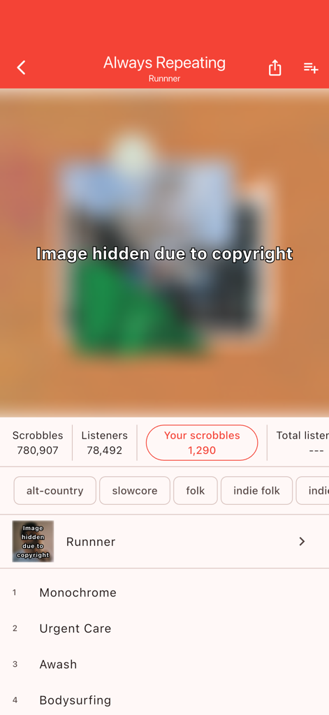 Finale for Last.fm - Interface of the Finale for Last.fm app showing album statistics tags and tracklist for Always Repeating by Runnner