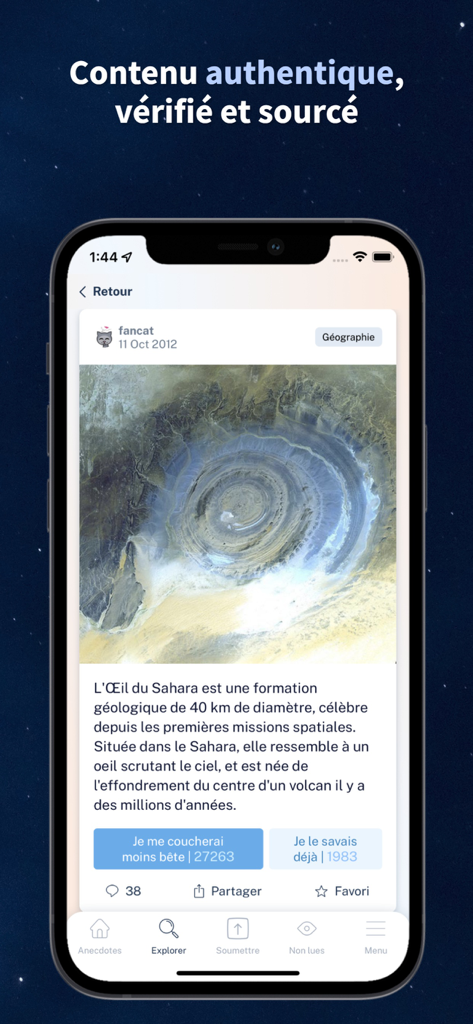 Se Coucher Moins Bête - Mobile app interface showing a geography trivia card about the Eye of the Sahara