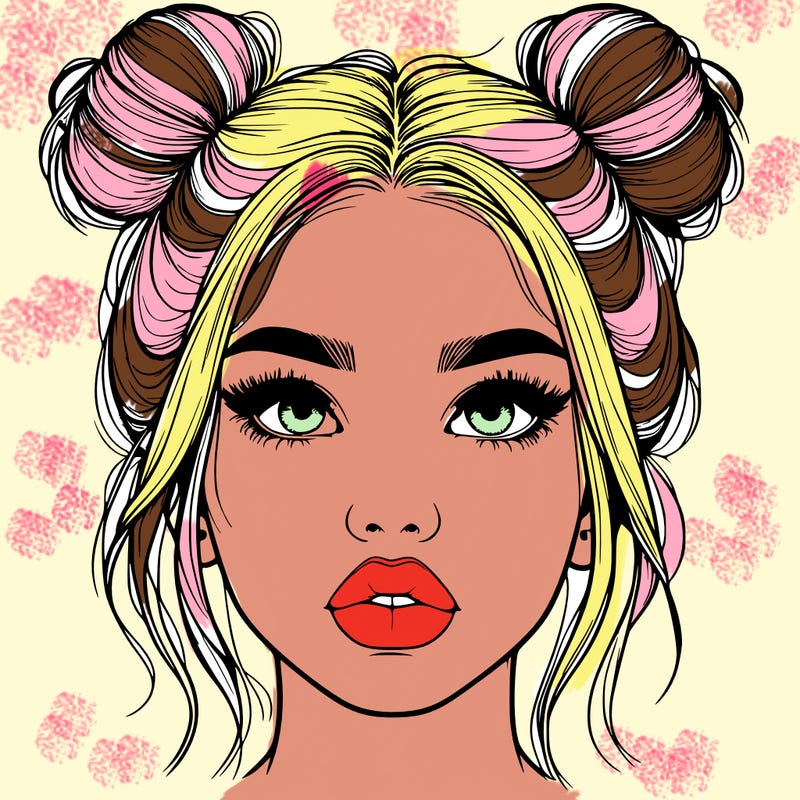 realistic girl with two buns on her hair and lips