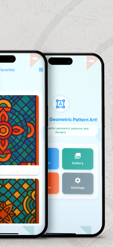 Dos iPhones que muestran la interfaz de la aplicación Coloración Geométrica GG con coloridos patrones geométricos y menú de navegación
