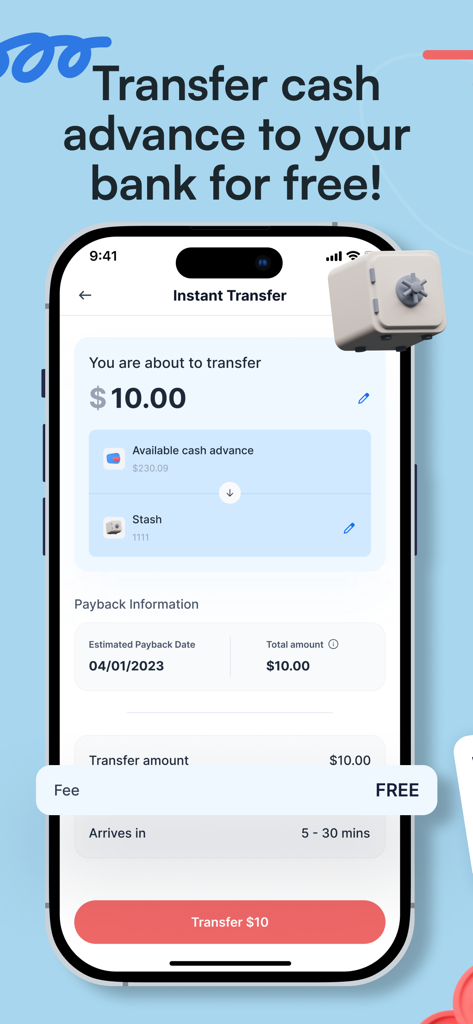 Gerald - Cash Advance - Screenshot of the Gerald app showing an instant cash advance transfer of 10 dollars to a bank account with zero fees.