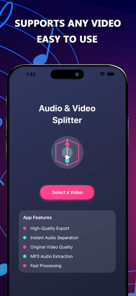 Music Remover - Vid Splitter - Main screen of the Music Remover app featuring video to audio extraction tools
