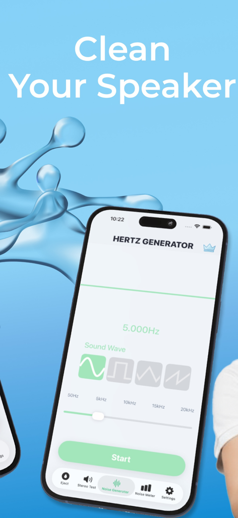 Clever Speaker Cleaner - Tela de smartphone exibindo o recurso Gerador de Hertz do aplicativo Limpador de Alto-Falantes Inteligente.