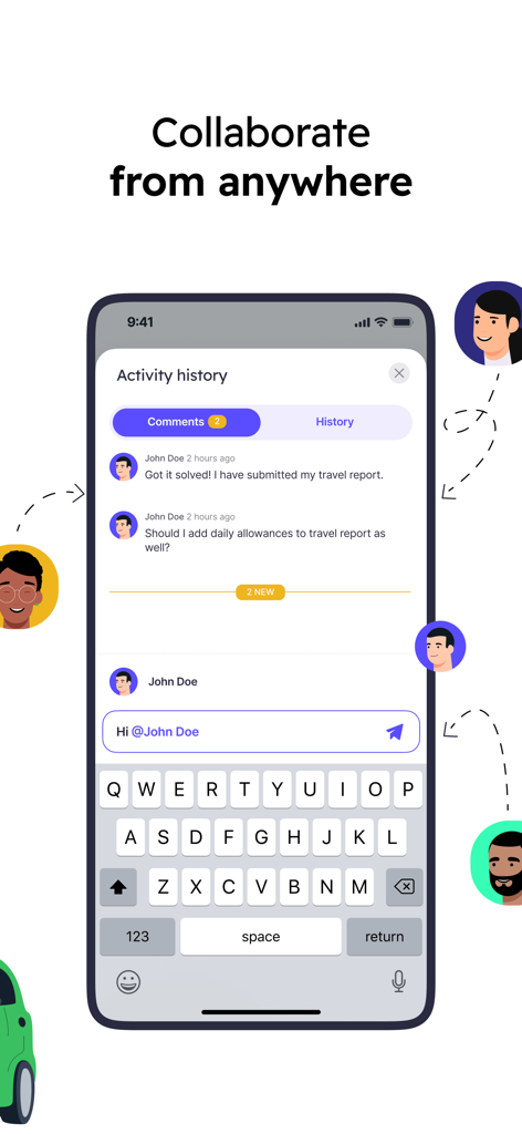 Envoice mobile app screen showing team chat and activity history for expense reports