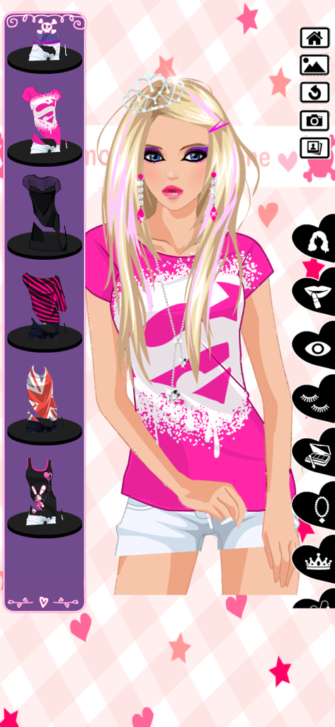 A blonde scene girl character wearing a pink graphic t-shirt and a tiara in the Emo Dress Up game interface.