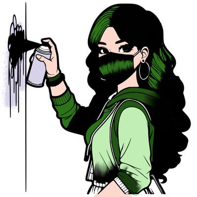 realistic girl with mask spray painting a wall