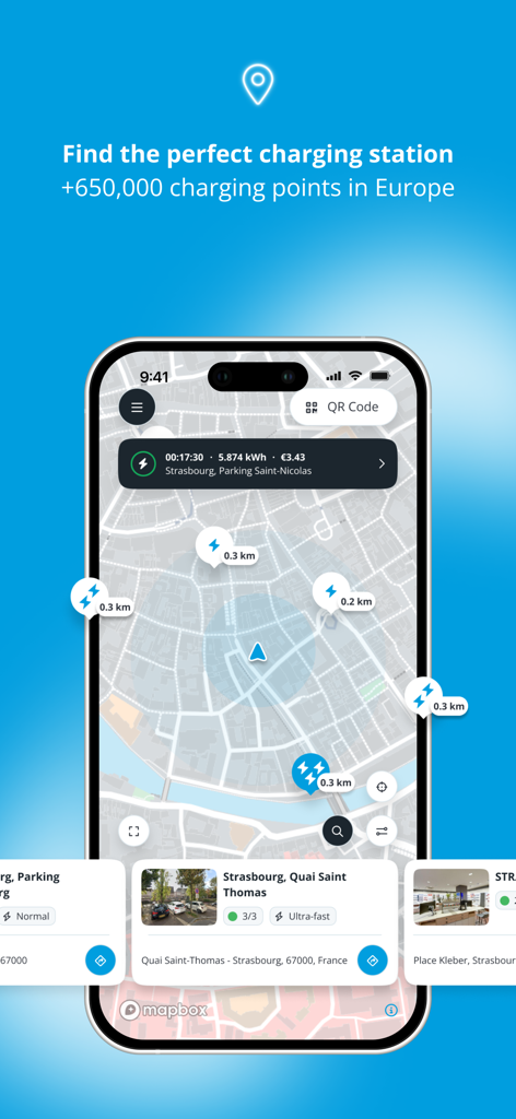 Freshmile – Charge points - Freshmile app map interface displaying electric vehicle charging points and station availability in Europe