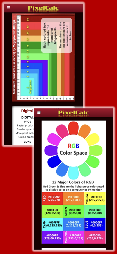 PixelCalc - PixelCalc app screenshots showing a megapixel to print size reference chart and an RGB color space guide with hex codes.