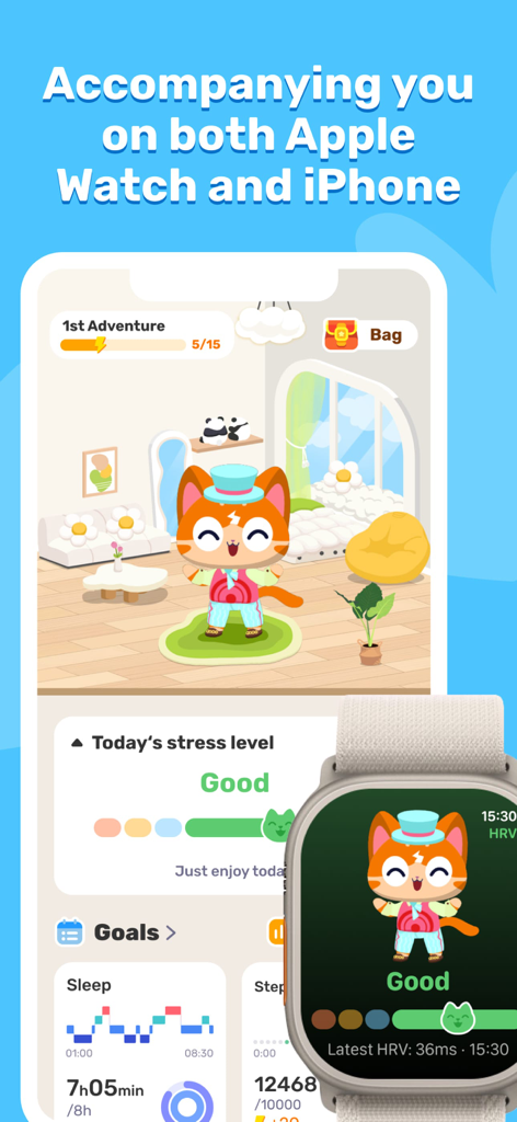EaseMe:Self Care Pet Cat - EaseMe self care app on iPhone and Apple Watch showing a virtual pet and health stats