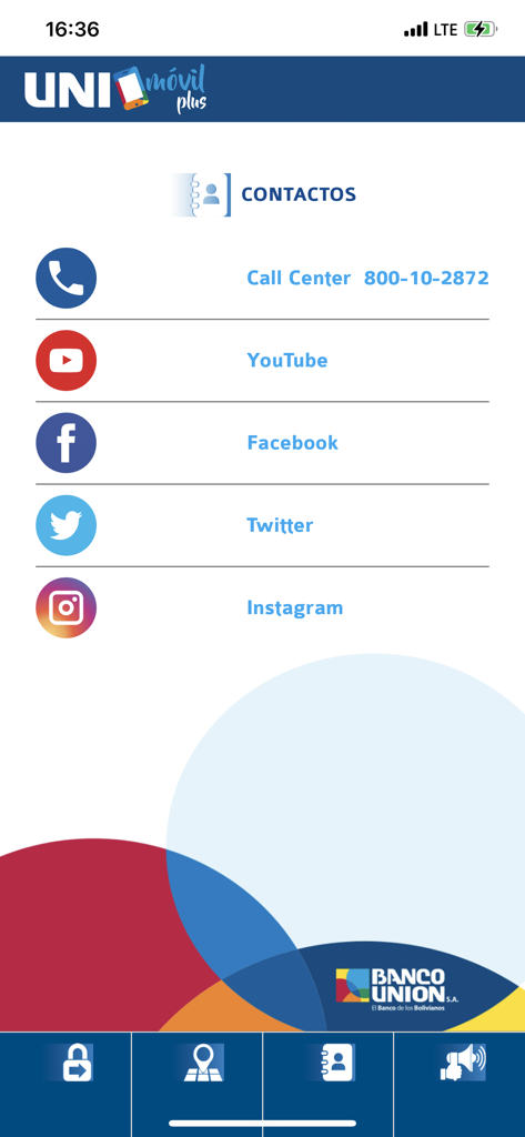 Pantalla de contacto de la aplicación UNImóvil Plus que muestra el número de teléfono de atención al cliente y los enlaces de redes sociales