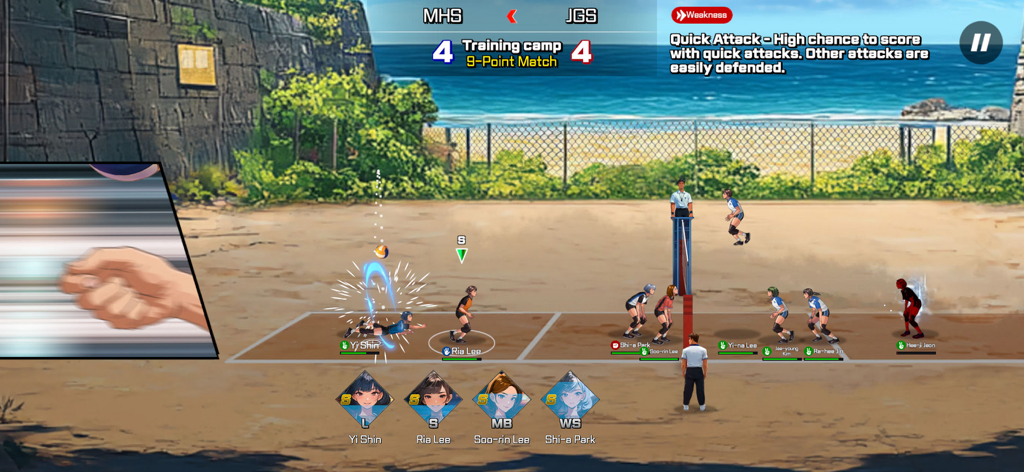 Volley Girls:High School Story - Anime girls playing a volleyball match on an outdoor beach court in Volley Girls High School Story
