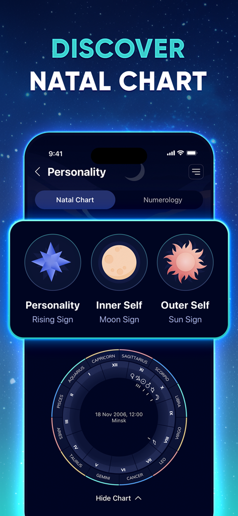 Interfaccia di un'app mobile che visualizza una carta natale personalizzata con i segni Ascendente, Luna e Sole.