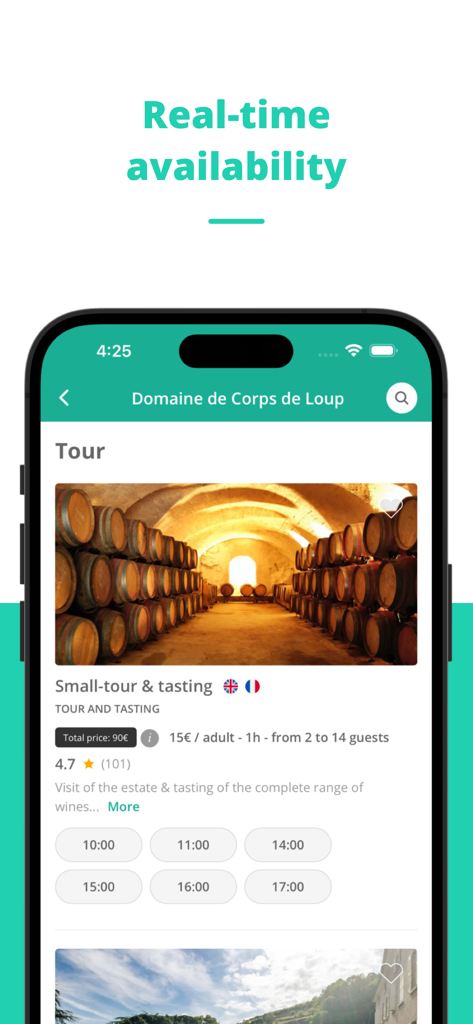 Rue des Vignerons - Rue des Vignerons app interface showing real-time booking availability for a French wine tour and tasting