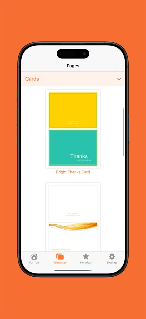 Templates for Pages Pro - iPhone-Screenshot, der verschiedene Dankeskartenvorlagen in der App Vorlagen für Pages Pro zeigt